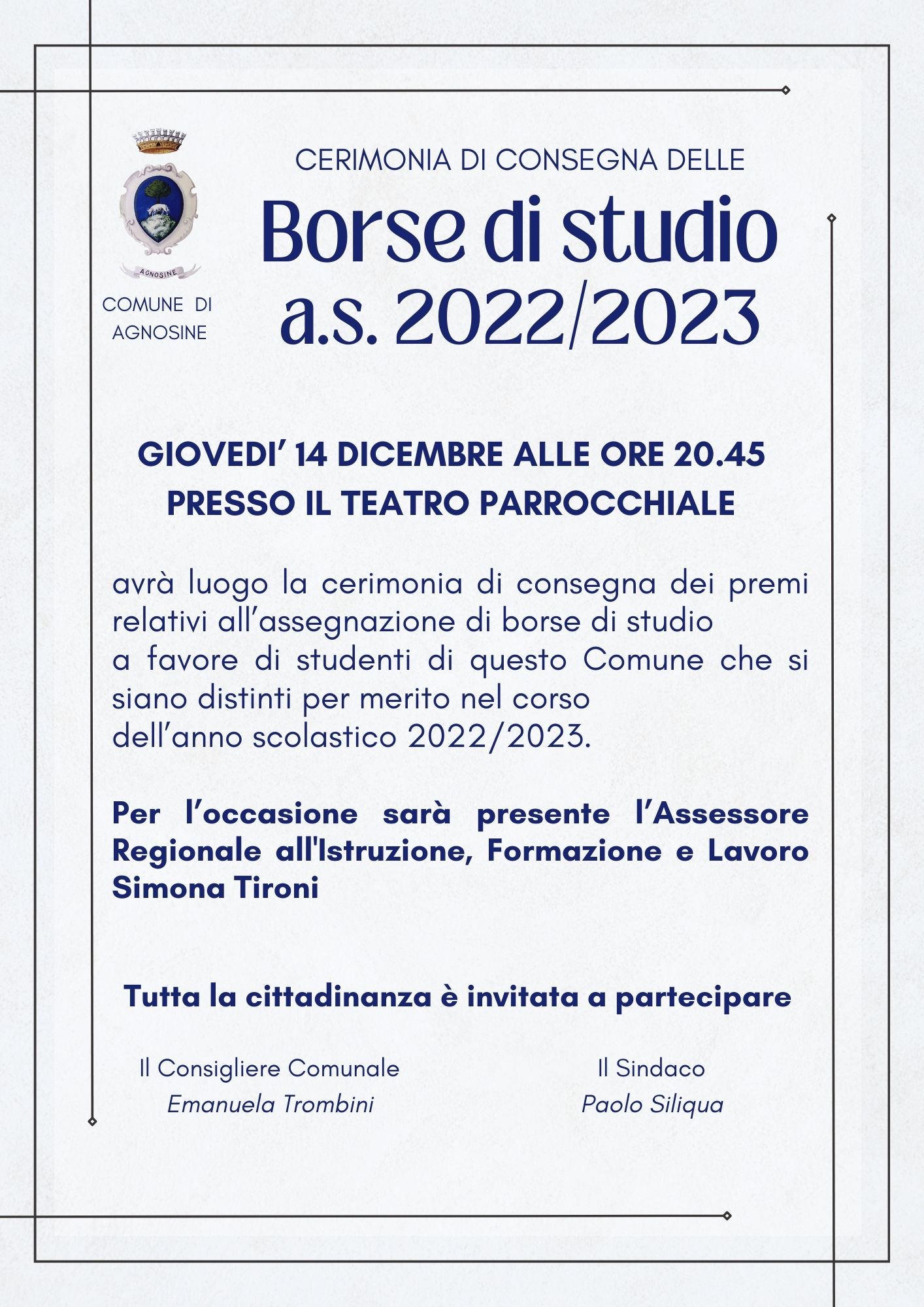 CERIMONIA DI CONSEGNE DELLE BORSE DI STUDIO ANNO SCOLASTICO 2022/2023